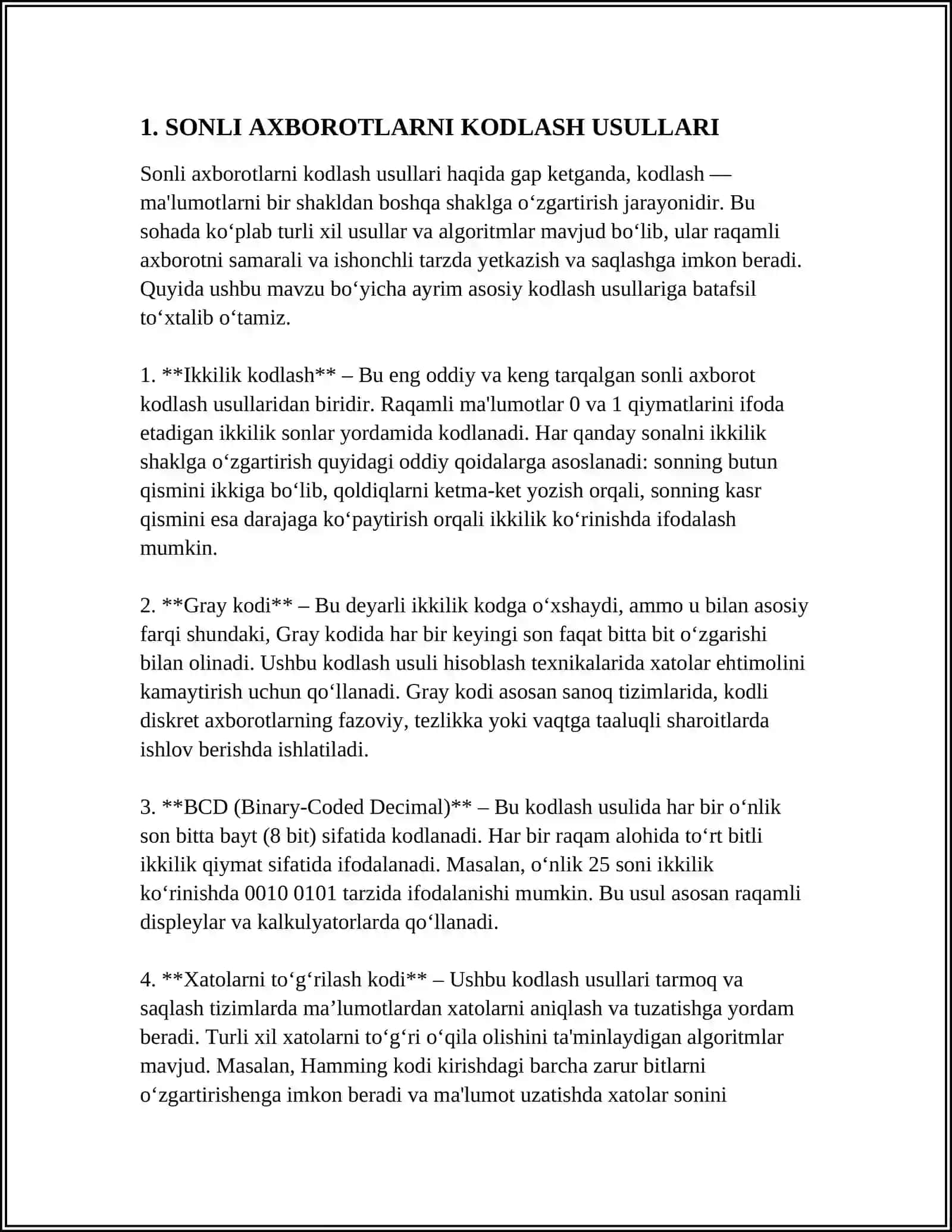 SONLI,GRAFIK VA TOVUSHLI AXBOROTLARNI KODLASH 4
