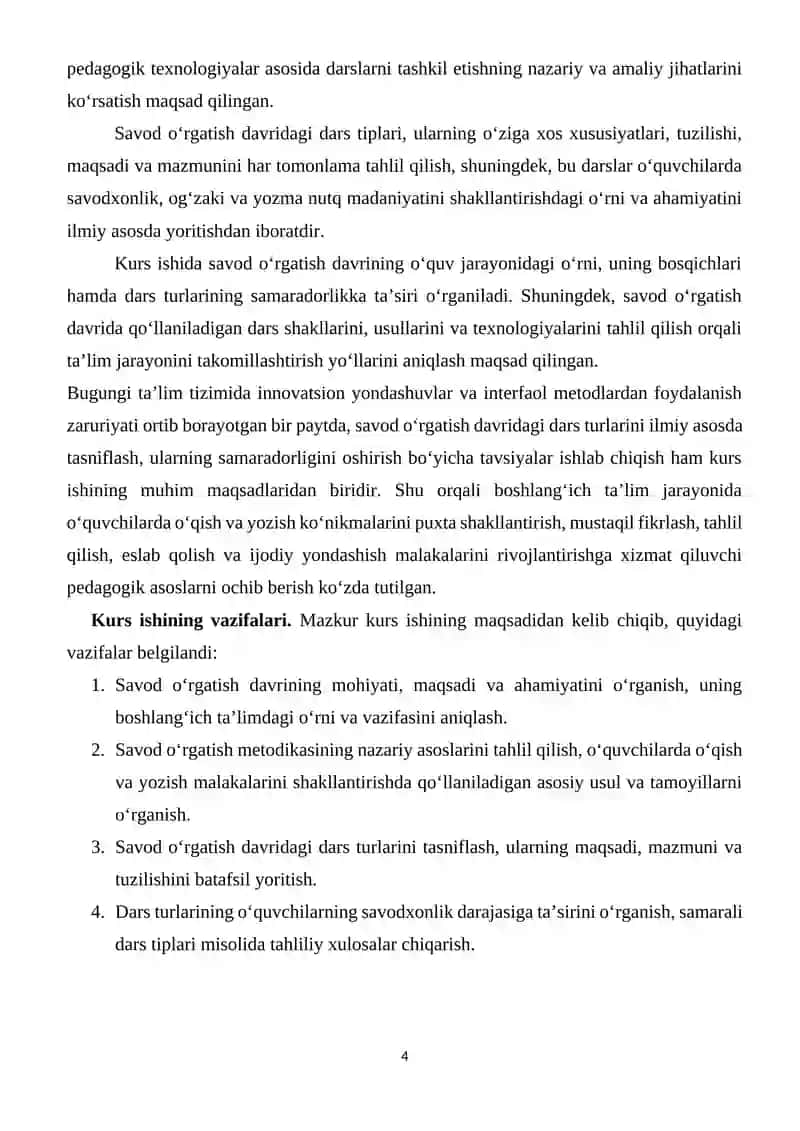 Savod o`rgatish davridagi dars tiplari, ularning maqsadi, mazmuni va ko`rinishi 4