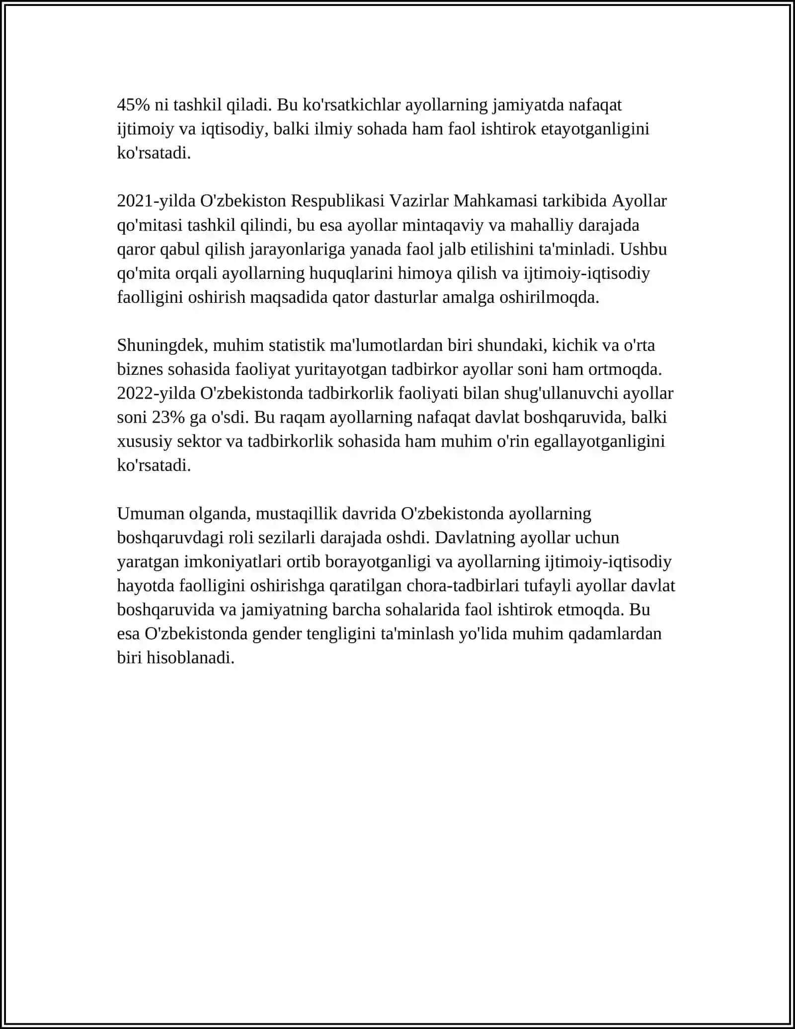 MUSTAQILLIK YILLARIDA BOSHQARUVDA AYOLLARNING OʻRNI 4