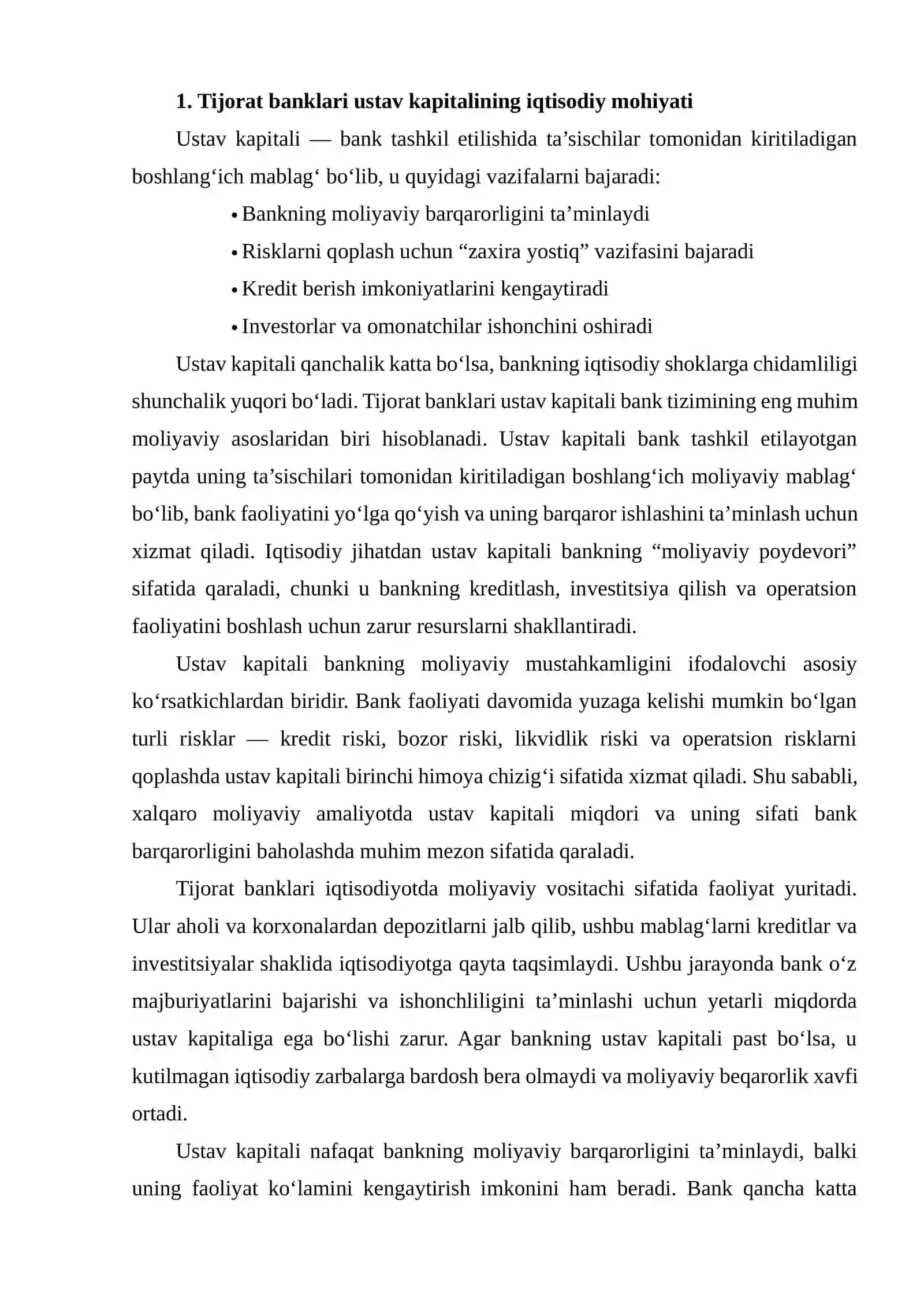 TIJORAT BANKLARINI OCHISH UCHUN USTAV KAPITALINING MINIMAL MIQDORI TALABLAR BO‘YICHA XORIJ AMALIYOTI VA QIYOSIY TAHLIL REJA 4