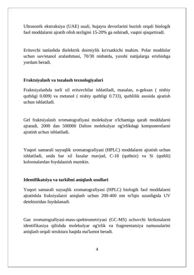 Mahalliy oʻsimliklardan biologik faol modda ajratish texnologiyasini ishlab chiqish 4
