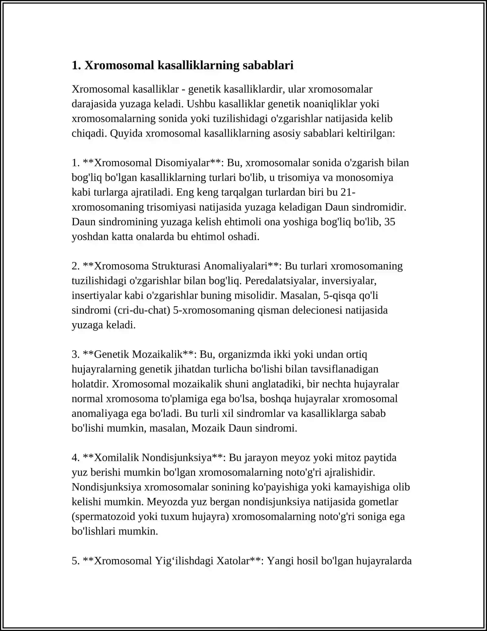 IRSIY KASALLIKLAR: XROMOSOMA KASALLIKLARI. ODAMLARDA KUZATILADIGAN NIKOH TIPLARI VA ULARNING TIBBIY-GENETIK TOMONLARI 4
