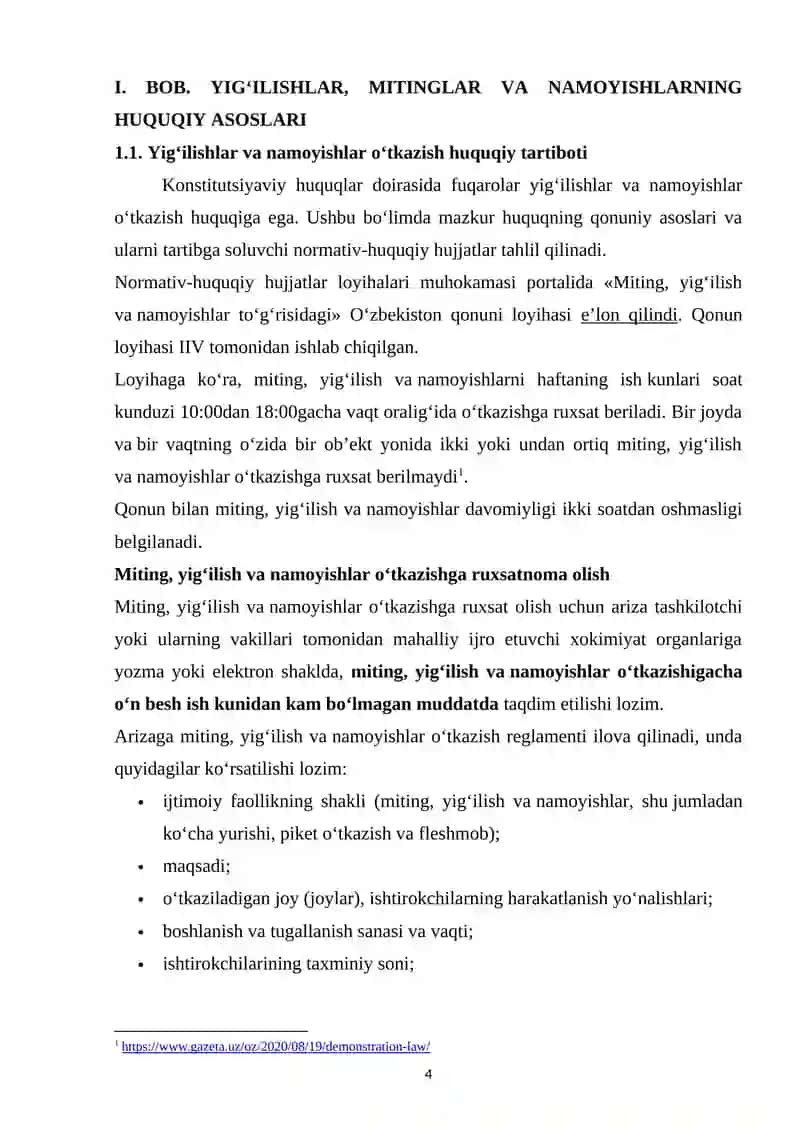 YIG‘ILISHLAR, MITINGLAR, KO‘CHA YURISHLARI YOKI NAMOYISHLAR UYUSHTIRISH, O‘TKAZISH TARTIBINI BUZISHNING JINOIY-HUQUQIY XUSUSIYATLARI 4