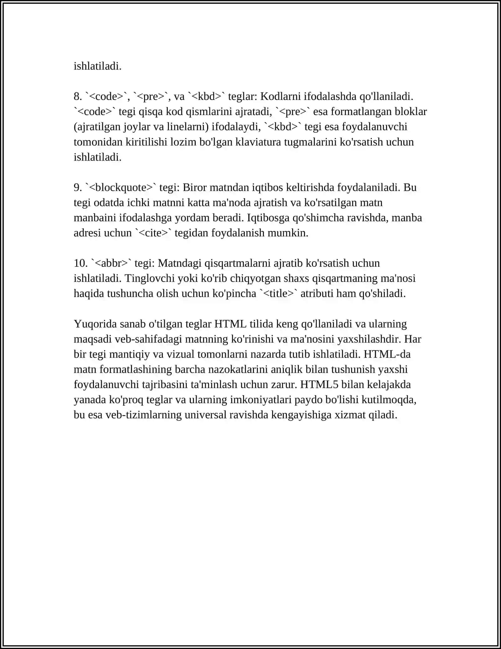 HTML TILIDA MATN BILAN ISHLASH TEGLARI. HTML TILIDA RASMLAR HOSIL QILISH TEGLARI.HTML TILIDA JADVALLAR HOSIL QILISH.HTML TILIDA GIPERMATN JOYLASHTIRISH TEGLARI.HTML TILIDA FREYMLAR HOSIL QILISH VA ULARNI QAYTA ISHLASH 4