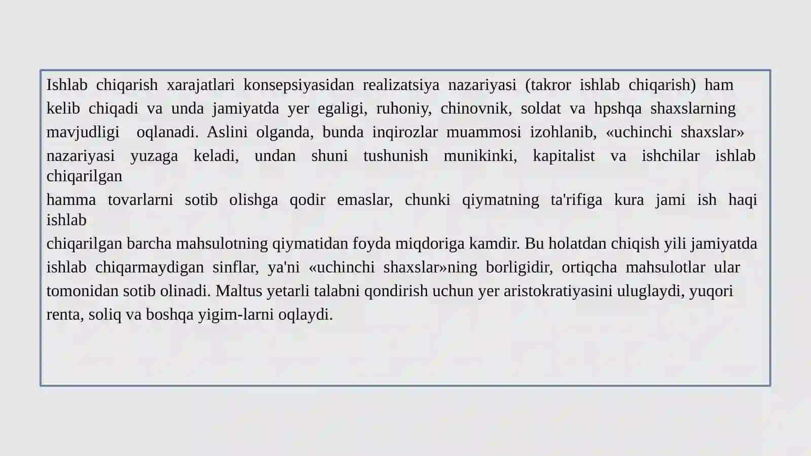 T.Maltus. Uning “Nufuz nazaryasi qiymat nazaryasi va foyda maslahatlarining klassik maktabga xos ziddiyatlaridan foydalanish.T.Maltusning realizatsiya nazaryasi.Maltusning iste’mol nazaryasi 4