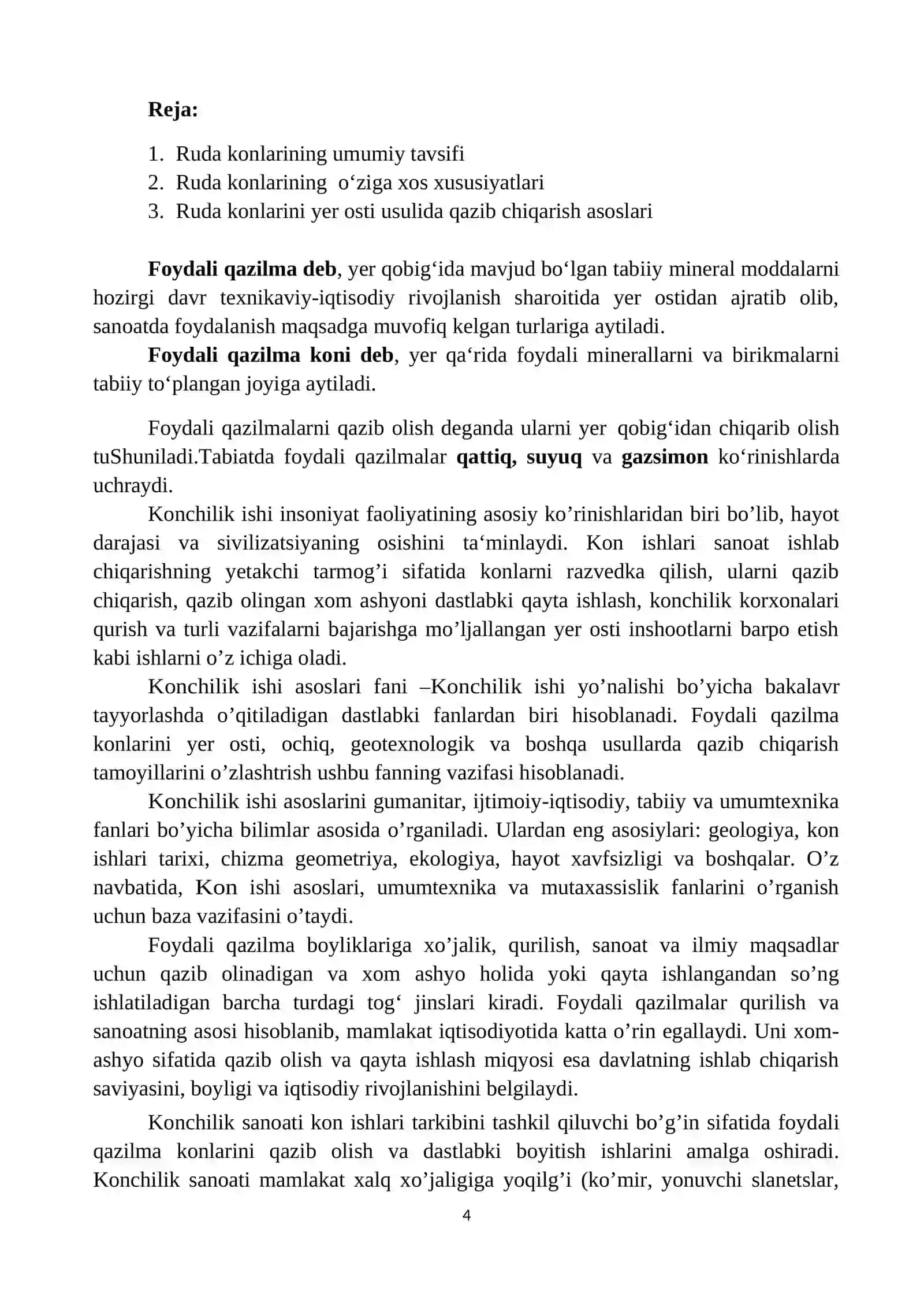 “Kon ishi asoslari va ishlab chiqarish texnologiyasi” fanidan 4