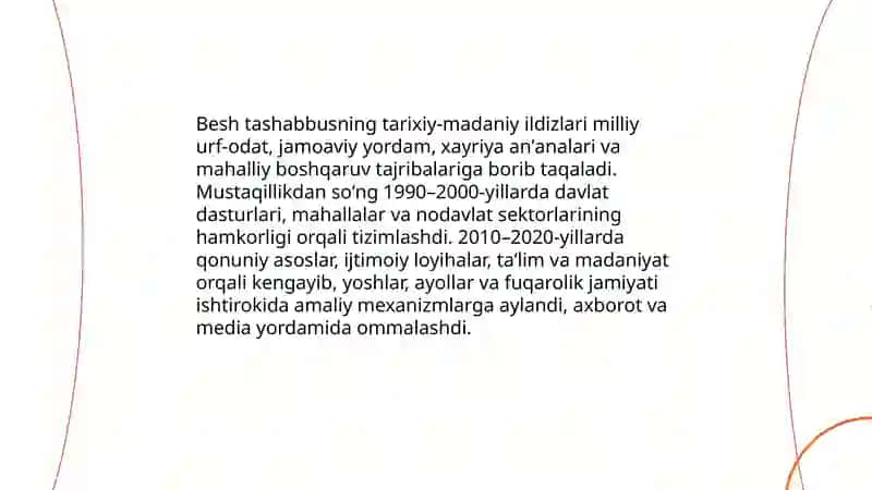 Besh tashabbus va uning yuksak maʼnaviy madaniyatni taʼminlashdagi oʻrni 4