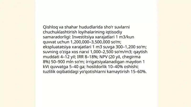 Oʻzbekiston sharoitida shoʻr suvlarni chuchuklashtirish gʻoyasini ishlab chiqish 4