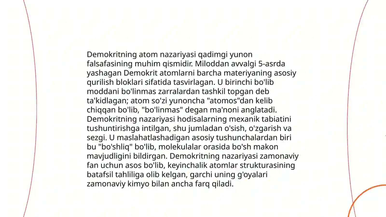 Yunon faylasuflarining atom va element toğrisidagi tushunchalarni hozirgi zamon ma'lumotlari bilan taqqoslash 4