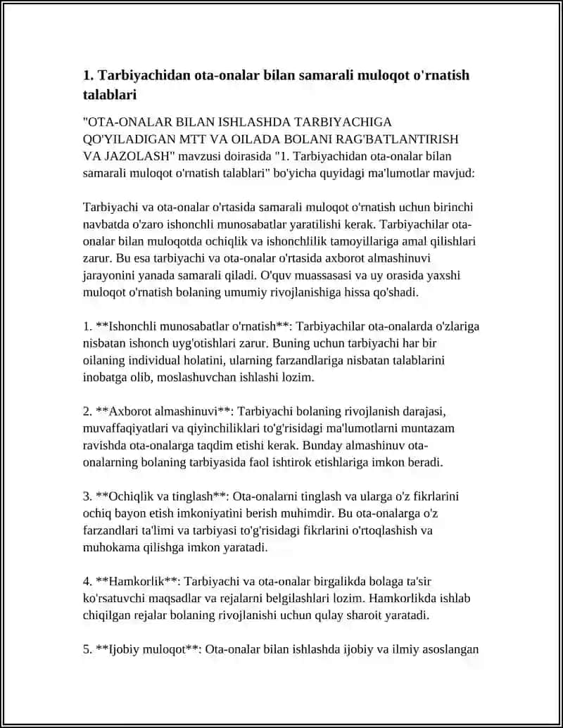 OTA-ONALAR BILAN ISHLASHDA TARBIYACHIGA QO'YILADIGAN MTT VA OILADA BOLANI RAG'BATLANTIRISH VA JAZOLASH 4