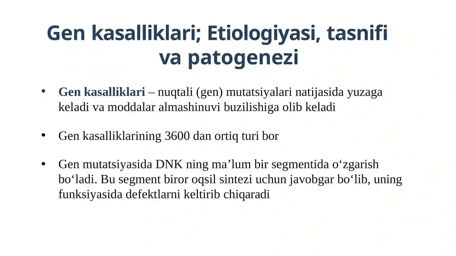 GEN KASALLIKLARI. MUKOVITSIDOZ. TUG’MA GIPOTIREOZ. MARFAN SINDROMI. GEN KASALLIKLARINI DAVOLASH 4