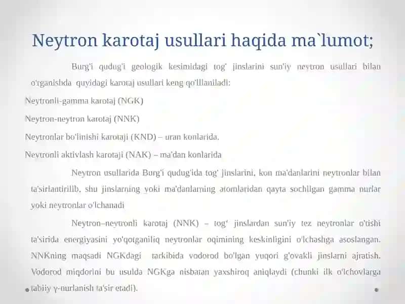 Statsionar neytron manbalaridan foydalangan holda neytron karotajus ullari 4