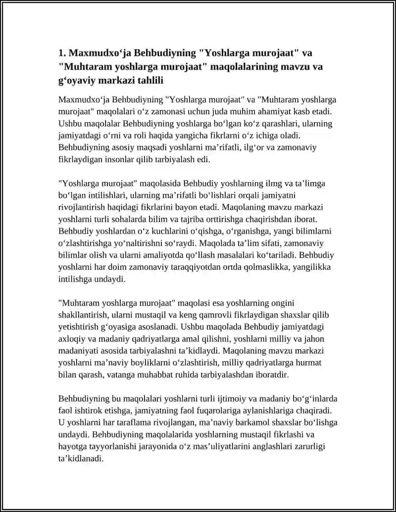 MAXMUDXOʻJA BEHBUDIYNING YOSHLARGA MUROJAT VA MUHTARAM YOSHLARGA MUROJAT MAQOLALARINI TAHLIL ETISH VA ESSE TAYYORLASH 4