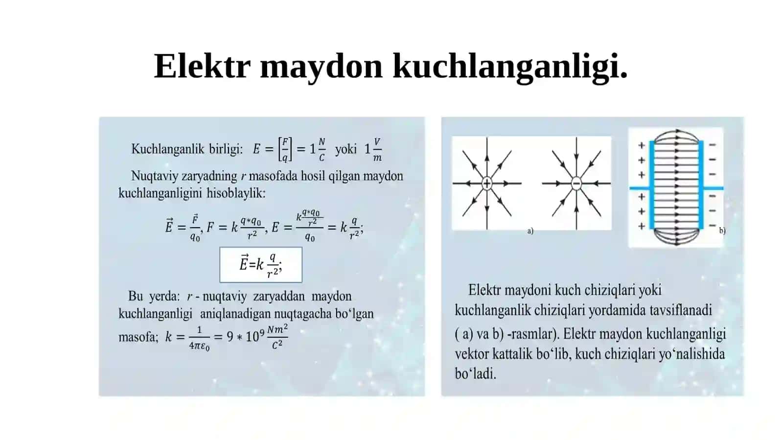 Vakuumda elektrostatik maydon. Maydon kuchlanganligi. Elektrmaydon potensiali 4
