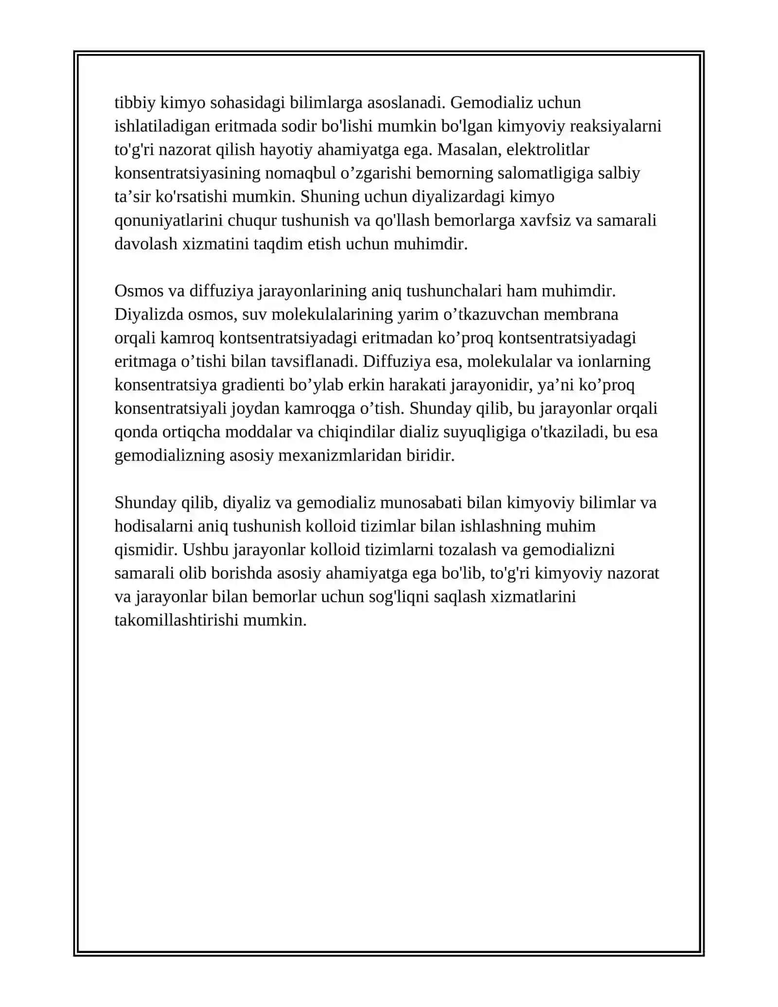 KOLLOID SISTEMALARNI DIYALIZ YÔLI BILAN TOZALASH.GEMODIALIZNI ÔTKAZISHDA KIMYONING AHAMIYATI 4