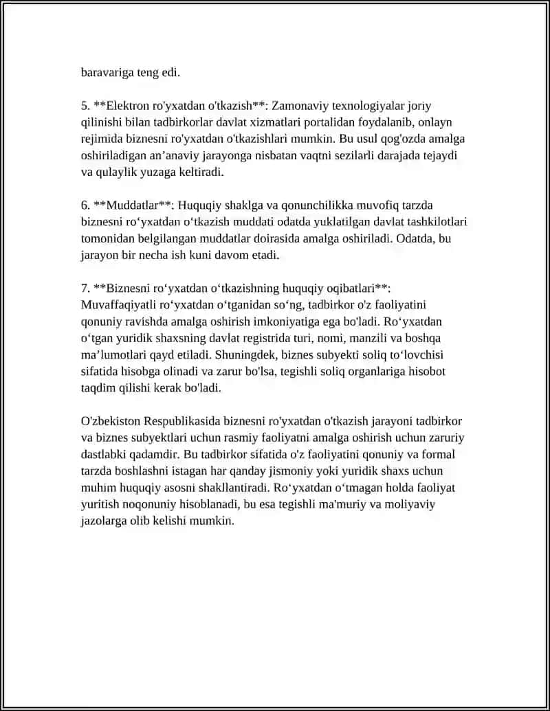 REFERAT Mavzu: BIZNESNI ROʻYXATDAN OʻTKAZISH TARTIBGA SOLISH VA NAZORAT QILISHNI HUQUQIY ASOSLARI 4