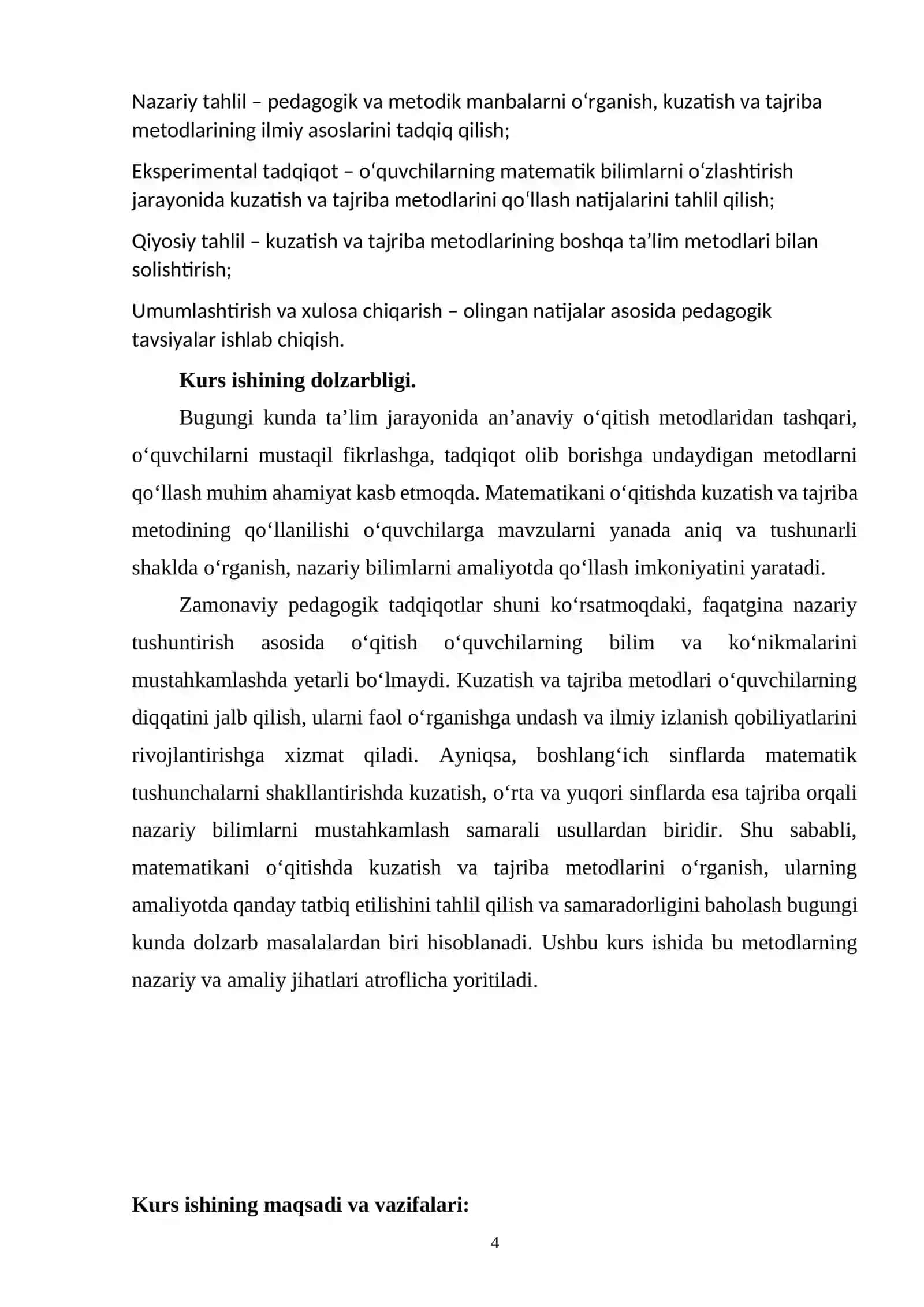 "Kuzatish va tajriba metodini maktab matematikasida qo’llash" mavzusini oʻqitish metodikasi 4