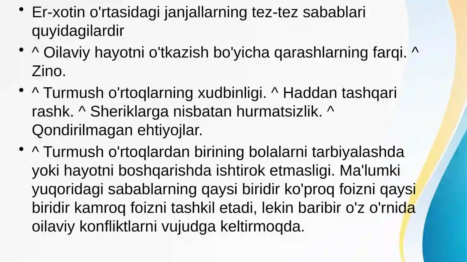 Oilaviy nizolar va ajralishlar,ularning sabablari vabartaraf etish yo’llari 4