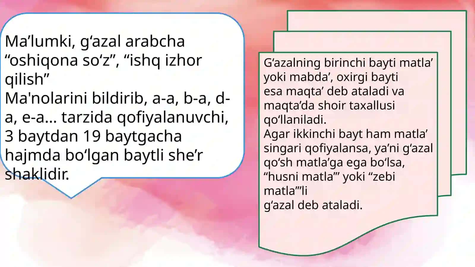 "Xazoyinul-maoniy" tarkibigakiruvchi janrlar soni, har bir janrga ta'rif berish 4