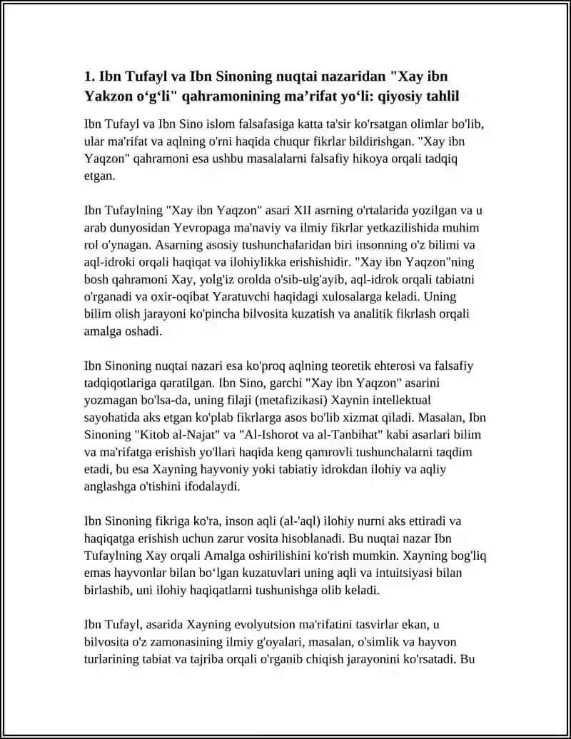 IBN TUFAYL VA IBN SINONING “XAY IBN YAKZON OʻGʻLI” RISOLASINI QIYSIY TAHLIL ETISH VAESSE TAYYORLASH 4