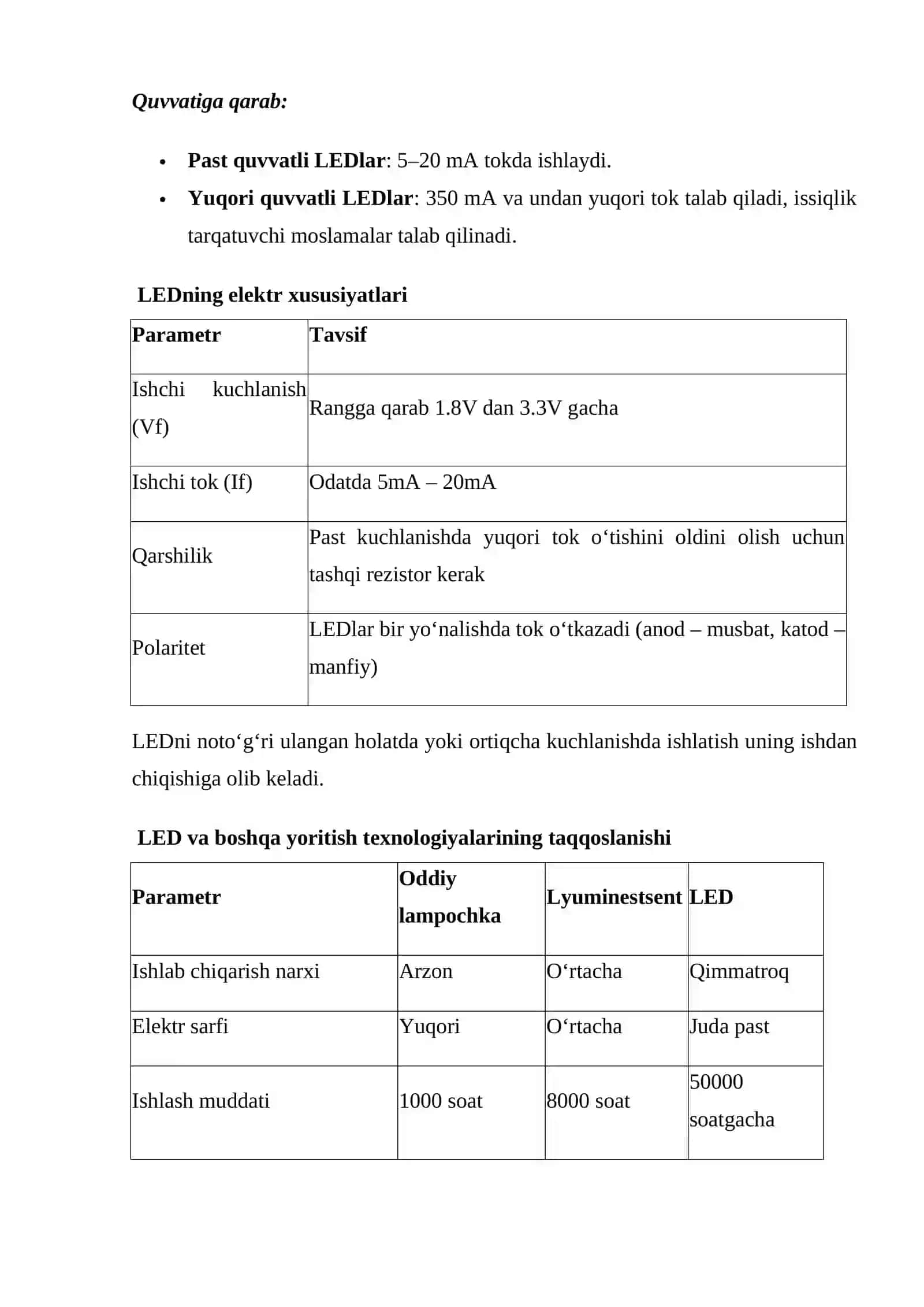 Yorug‘lik diodining boshqarilishi. Yorug‘lik diodining (LED) ishlash printsipi, uning elektr xususiyatlari va boshqaruv usullari. Arduino yordamida LEDni raqamli chiqish pinlari orqali boshqarish uchun kod yozish, LEDning yoritilish va o‘chirilish vaqtlarini sozlash hamda turli parametrlarni sinovdan o‘tkazish. 4