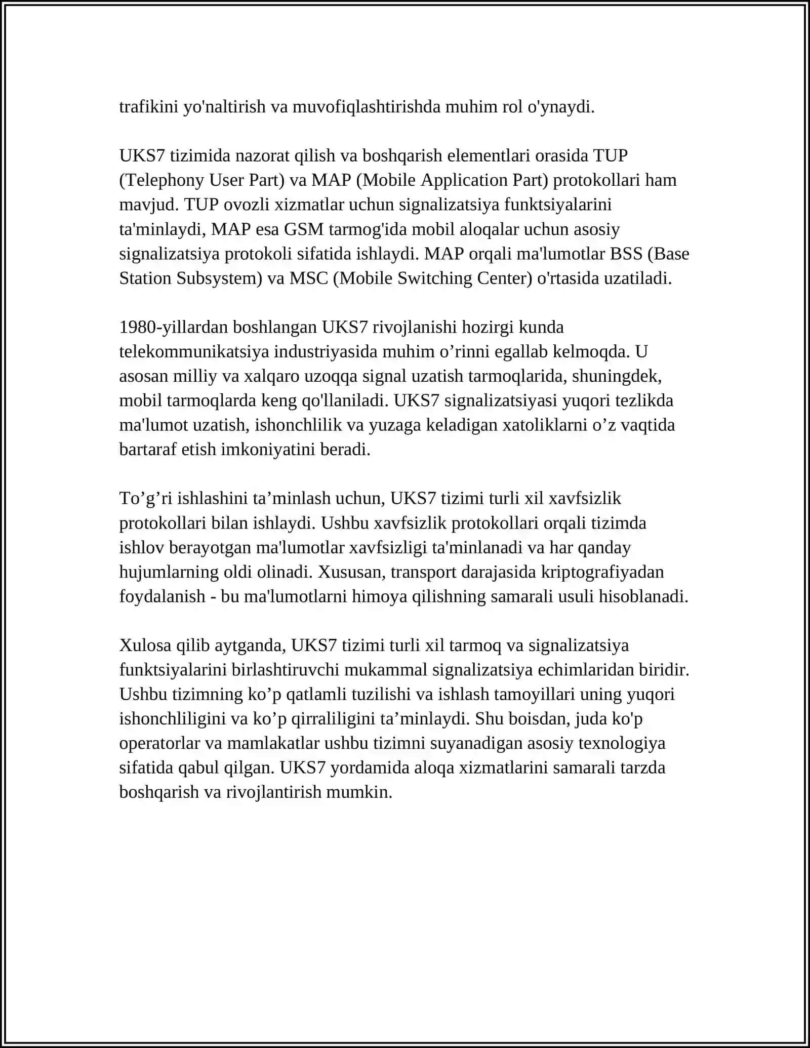 UKS7 SIGNALIZATSIYASI - ISUP SS №7 QUYI TIZIMINING FUNKSIYALARINI VA UNING XABARLARI TURLARINI O‘RGANISH, QO‘NG‘IROQNI TUGATISHNING TURLI VARIANTLARI UCHUN SIGNAL DIAGRAMMASINI QURISH 4