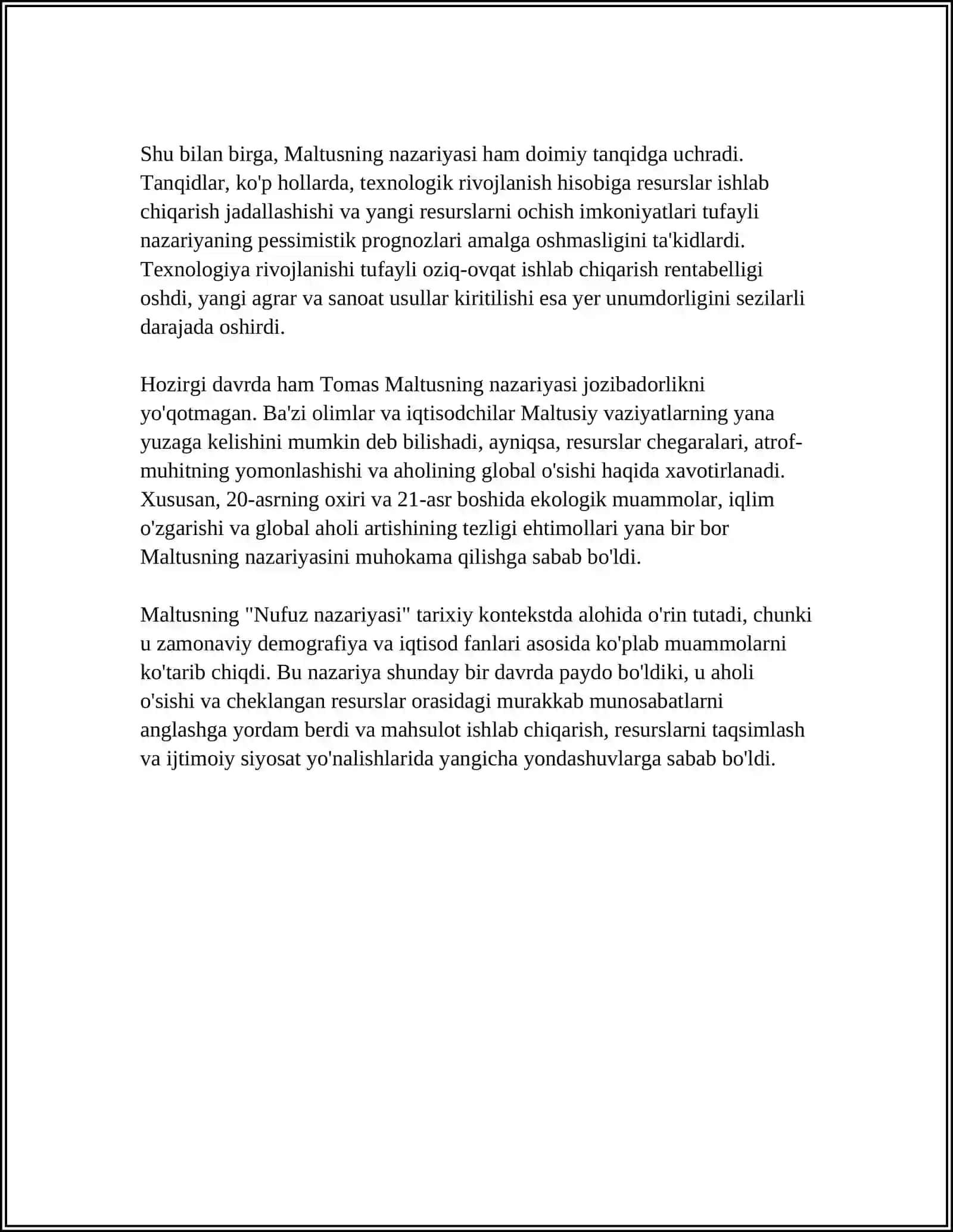 TOMAS MALTUSNING "NUFUZ NAZARIYASI" VA UNING TANQIDI 4