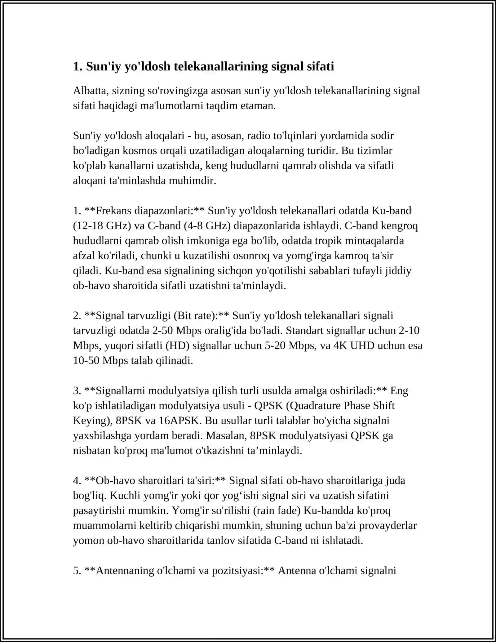SUN'IY YO'LDOSH TELEKANALLARINING SIFAT KO'RSATKICHLARI STANDARTLARI 4