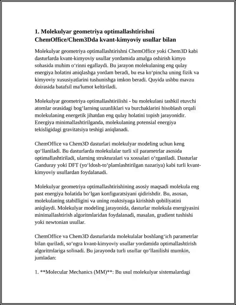 CHEMOFFICE/CHEM3D DASTURI BILAN FIZIK-KIMYOVIY PARAMETRLARINI KVANT-KIMYOVIY HISOBLASH 4
