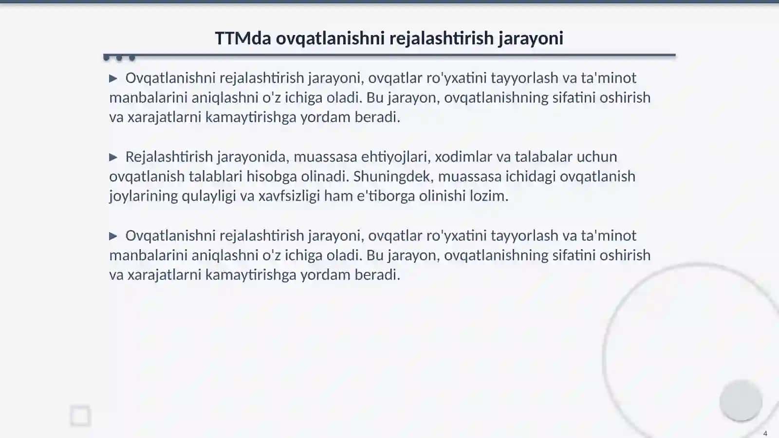 TTM ovqatlanish holatini oʻrganish va taxlil qilish 4