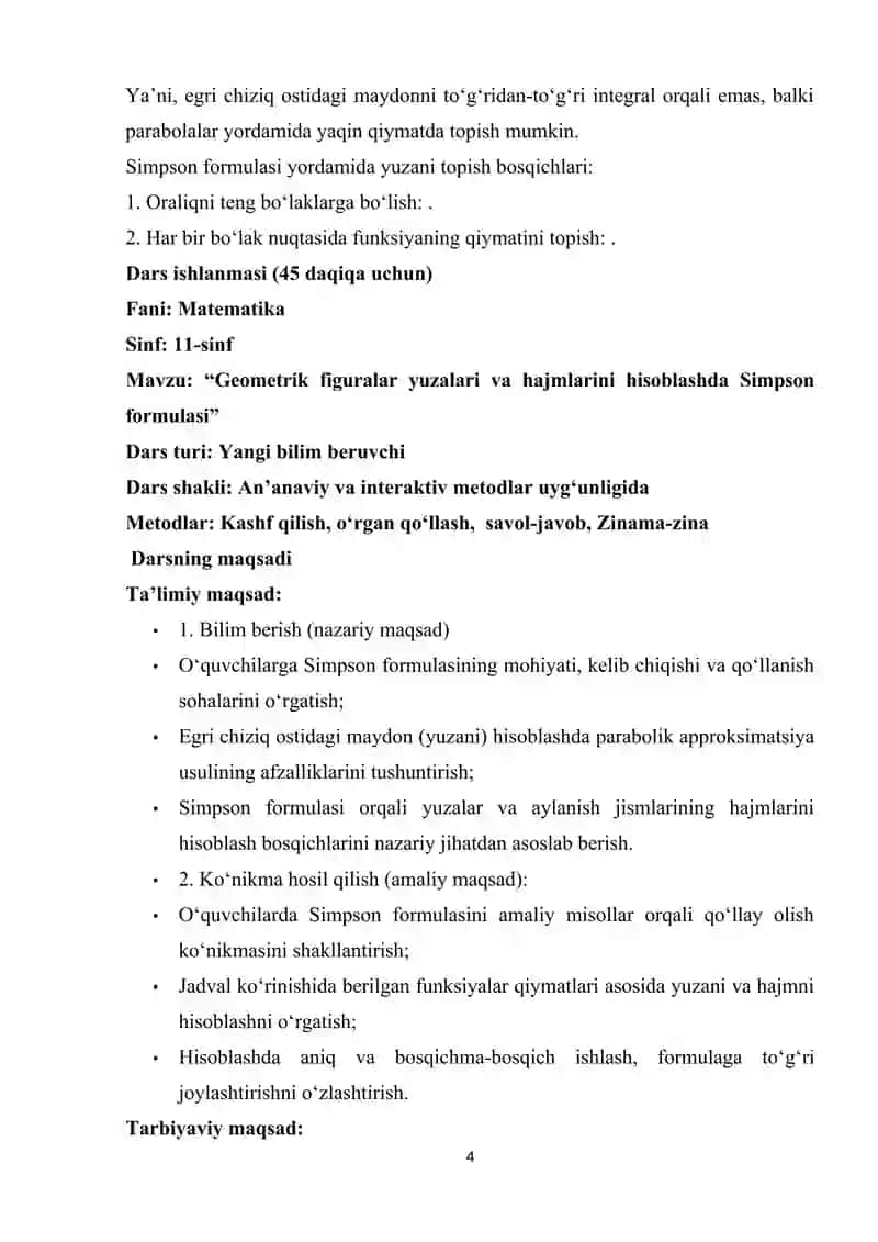 Geometrik figuralar yuzalari va hajmlarini hisoblashda Simpson formulasi mikrodars 4