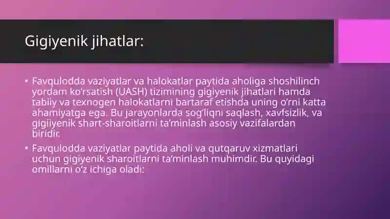 Favqulotdavaziyatlarvahalokatlarda UASH Ishining gigiyenik jihatlari 4
