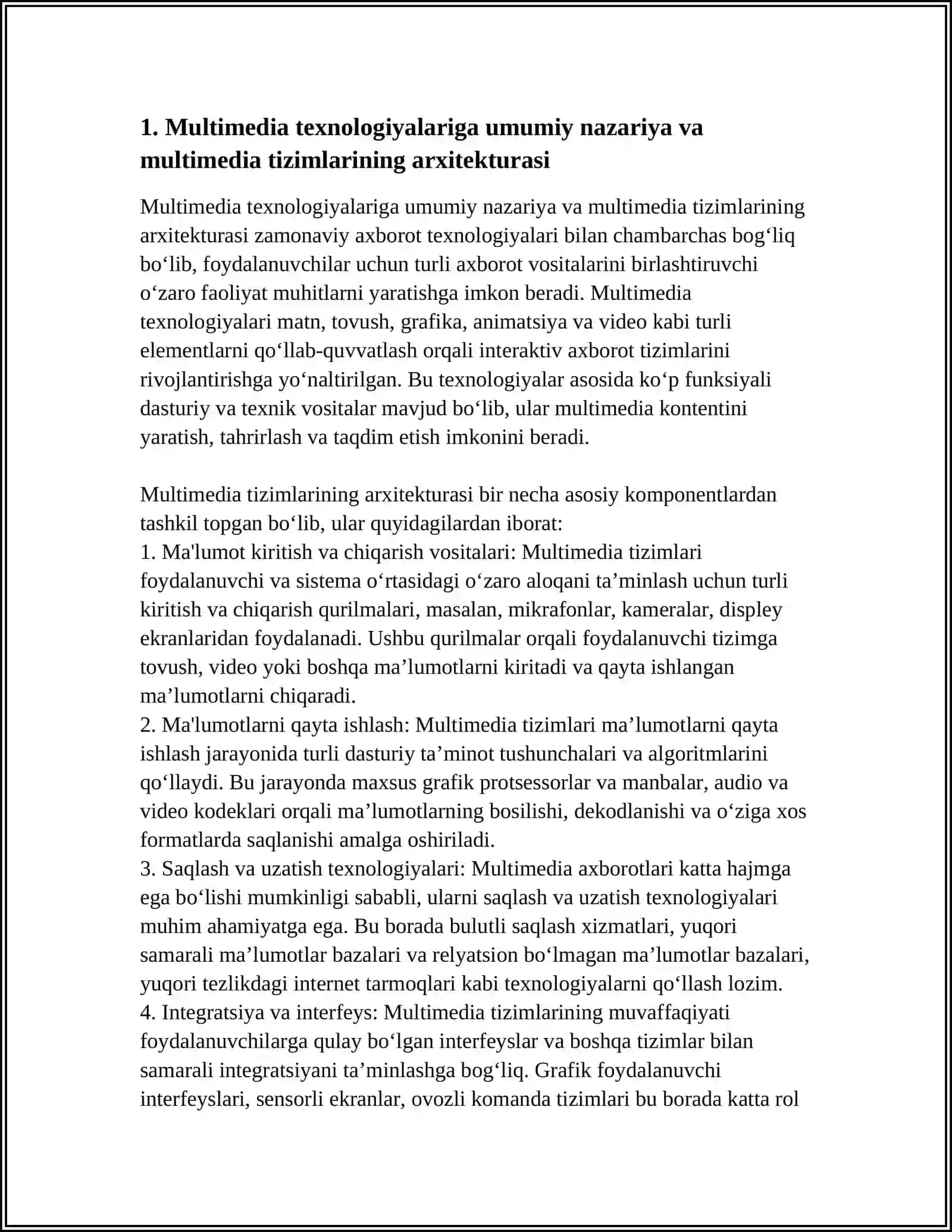 MULTIMEDIYA TEXNOLOGIYALARI. MULTIMEDIYA TIZIMLARI, ULARDA FAYLLARNI YARATISH (TOVUSH, MATN, ANIMATSIYA) 4