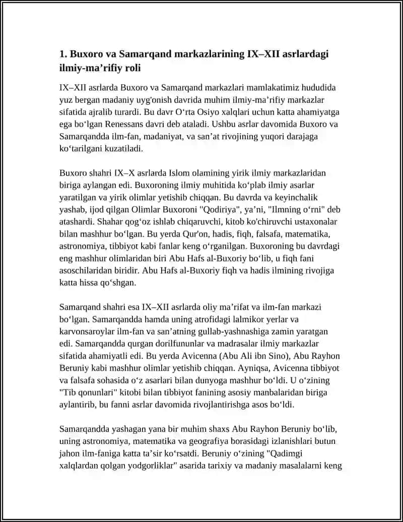 IX XII ASRLARDA MAMLAKATIMIZ HUDUDIDA ROʻY BERGAN MADANIY UYGʻONISH(RENESANS) BUYUK ALLOMALARNING JAHON SIVILIZATSIYASIGA QOʻSHGAN HISSASI 4