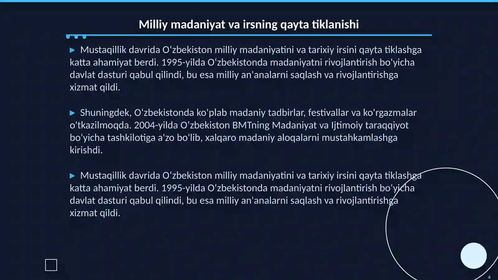 Mustaqillik yillarida Oʻzbekistondagi manaviy va madaniy taraqiyot 4