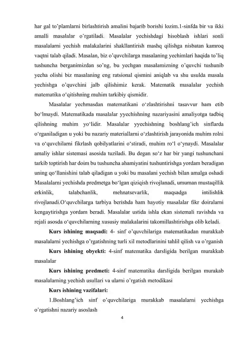 4-sinf o’quvchilariga matematikadan murakkab masalalarni yechishga o’rgatish metodikasi 4