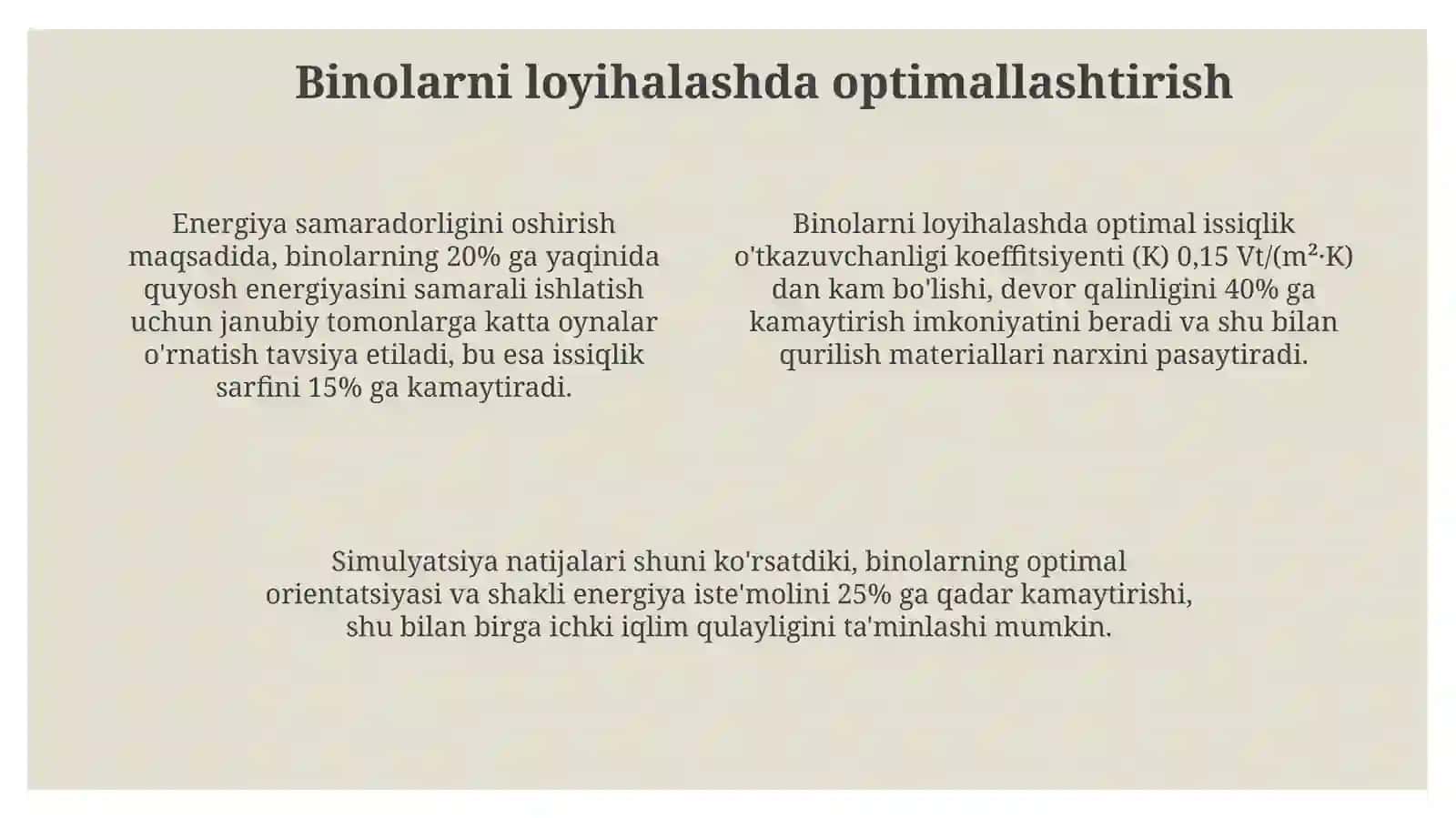 Fuqoro binosining issiqlik balansiga tashqi iqlimning issiqlik energiya tasirini optimallashtirish 4