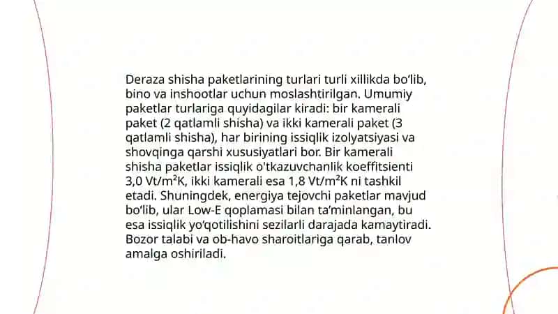 Energiya samarador deraza shisha va shisha paketlarning turlari issiqlik fizik xossalari 4