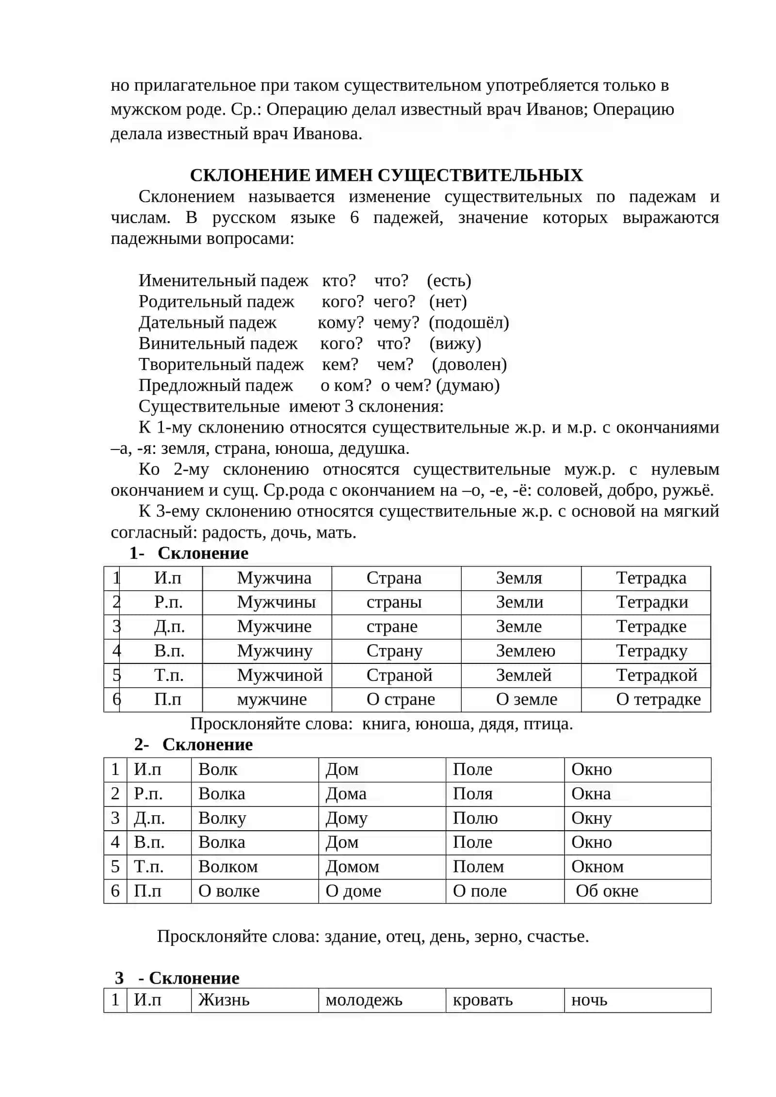 Имя существительное. Род имён существительных. Склонение имён существительных 4