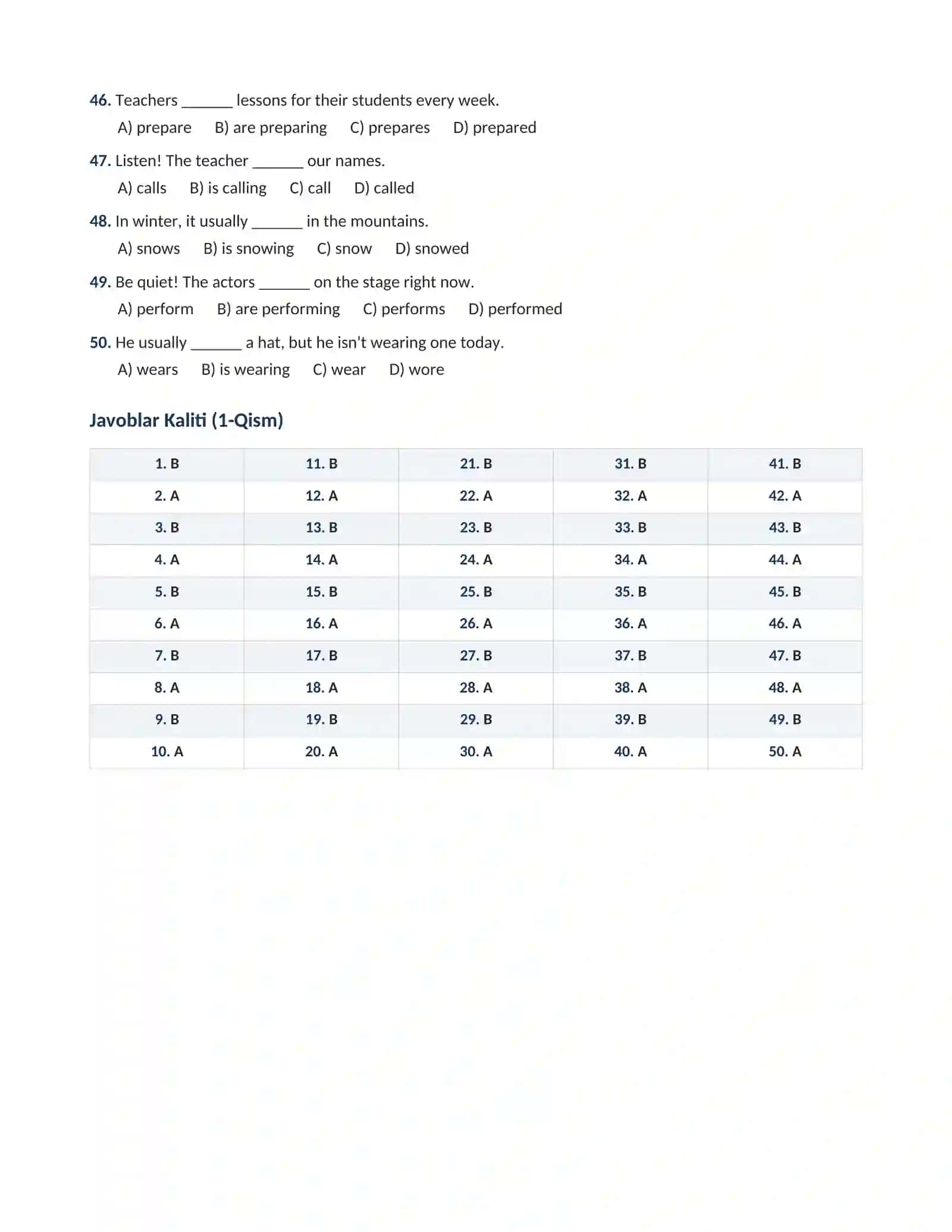 INGLIZ TILI GRAMMATIKASI: PRESENT SIMPLE VS PRESENT  CONTINUOUS 100 TALIK TEST JAVOBI BILAN 4
