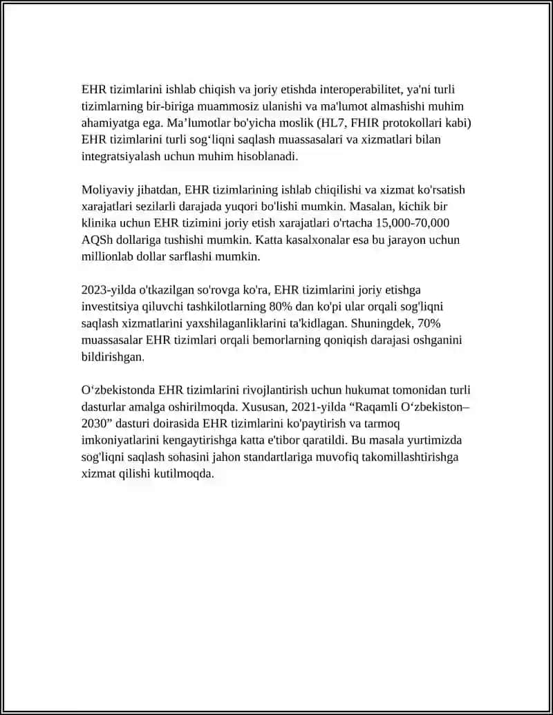 Elektron sogʻliqni saqlash yozuvlari (EHR) tizimlarini ishlab chiqish va integratsiya qilish 4