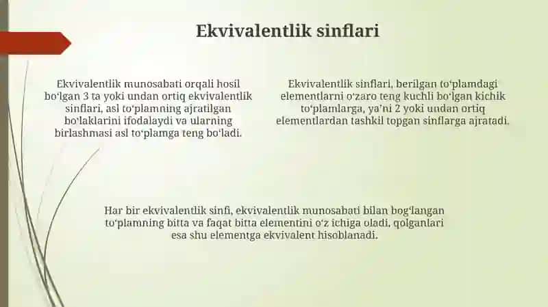 Ekvivalentlik munosabatining to'plamlarni sinflarga ajratish bilan aloqasi 4