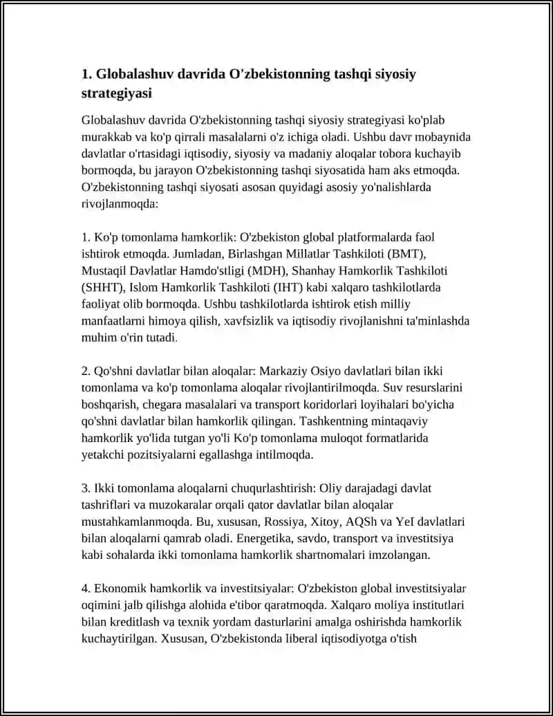 GLABALASHUV DAVRIDA OʻZBEKISTON TASHQI SIYOSATI 4
