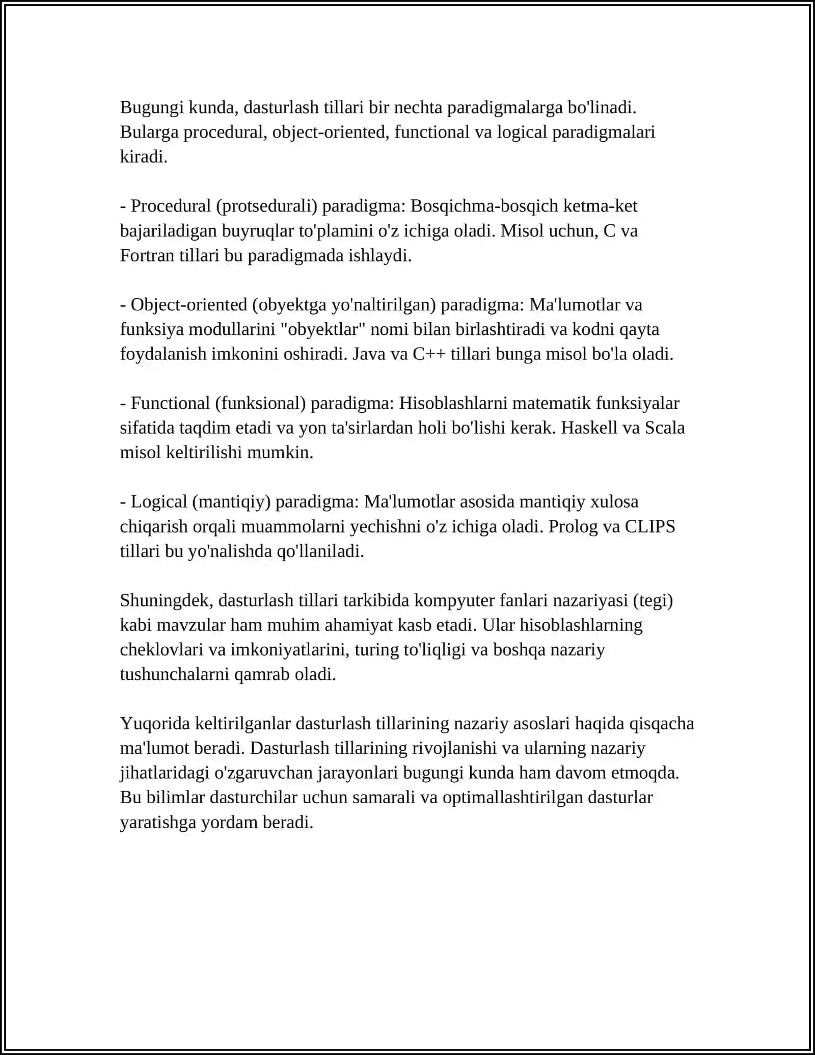 DASTURLASH TILLARINING TUZILMASI. MA’LUMOT TURLARI. KIRISH/CHIQISH FUNKSIYALARI. OPERATORLAR. CHIZIQLI ALGORITMLARNI TASHKIL QILISH 4