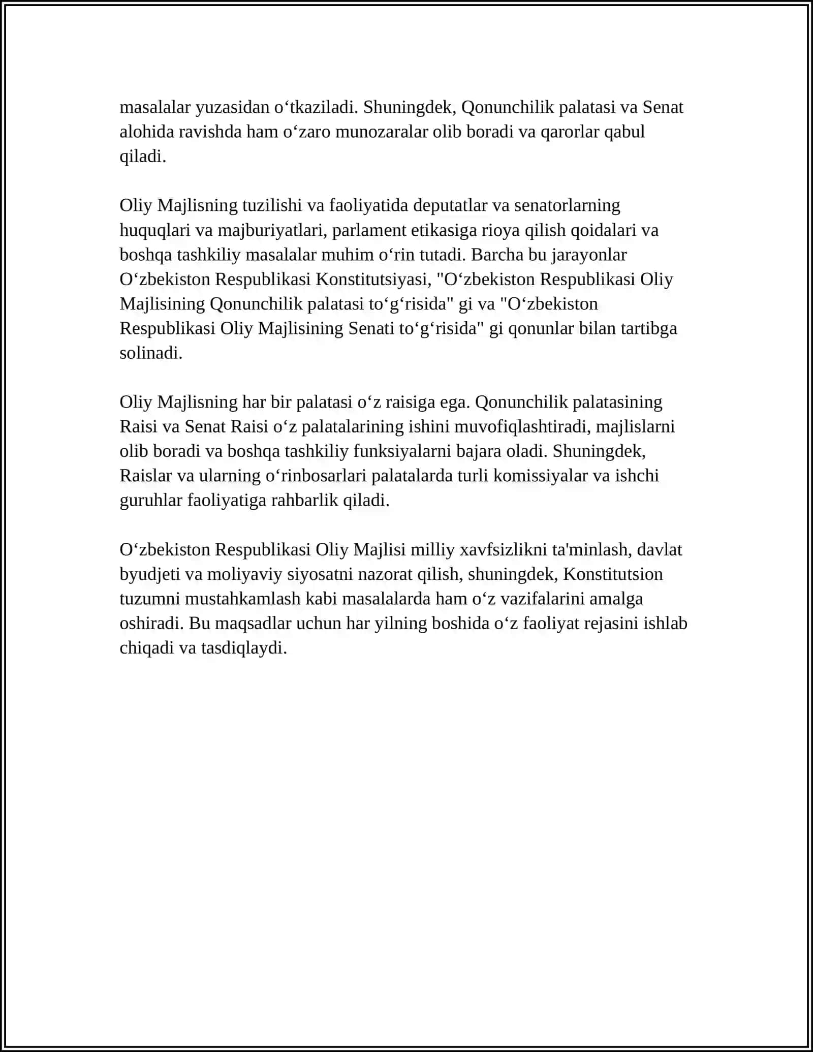 OʻZBEKISTON RESPUBLIKASI OLIY MAJLISINING QONUNCHILIK PALATASI 2024-2025-o'quv yili 4