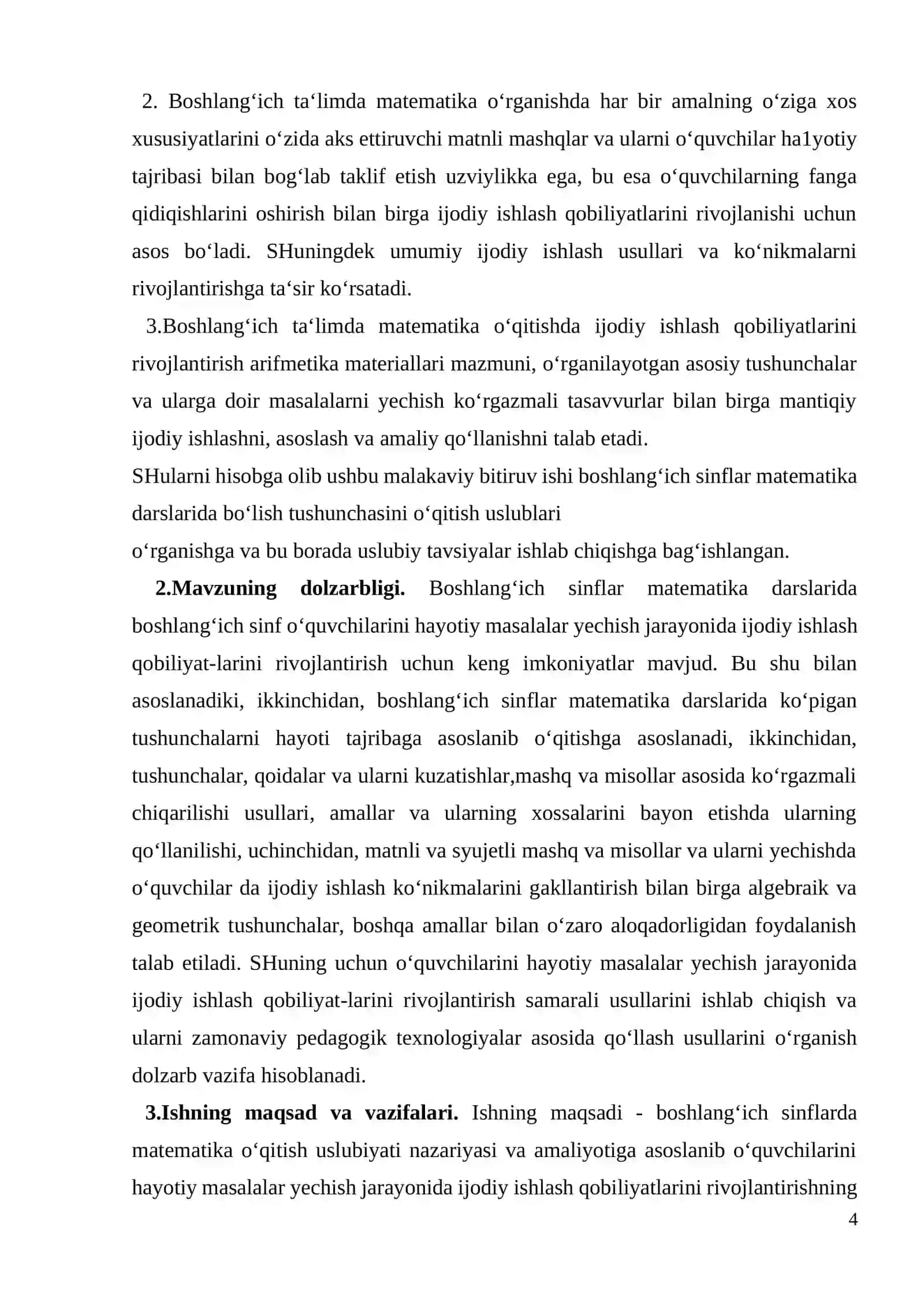 BOSHLANG‘ICH SINFLARDA MATЕMATIKADAN O‘QUVCHILARNI IJОDIY ISHLASHGA O‘RGATISH MЕTОDIKASI(1-SINF MISOLIDA) 4