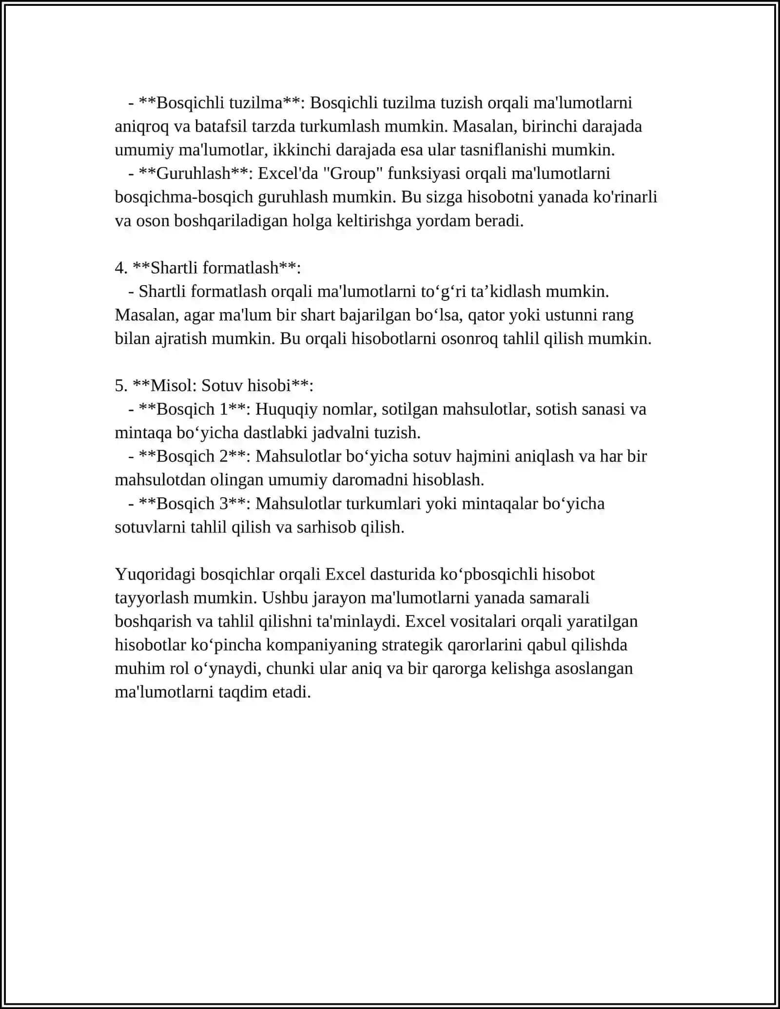 EXCEL DASTURIDA TURLI HISOBOTLAR TAYYORLASH 4