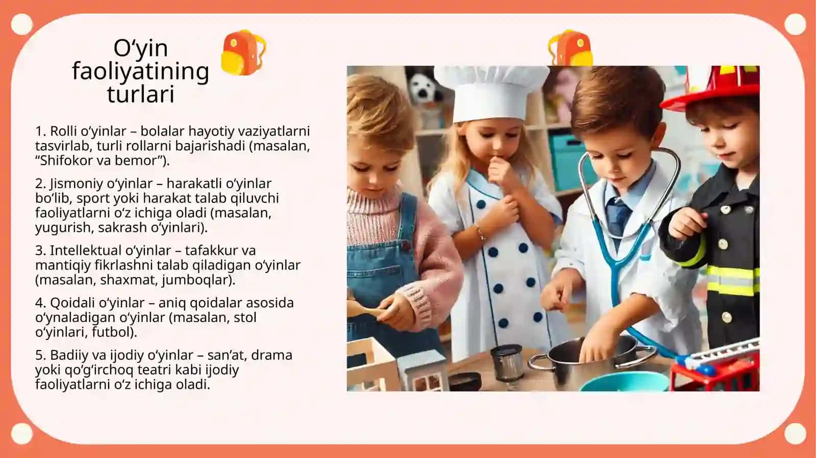 O'YIN FAOLIYATINI TASHKIL ETISH USUL VA VOSITALARI mavzusida slayd 4