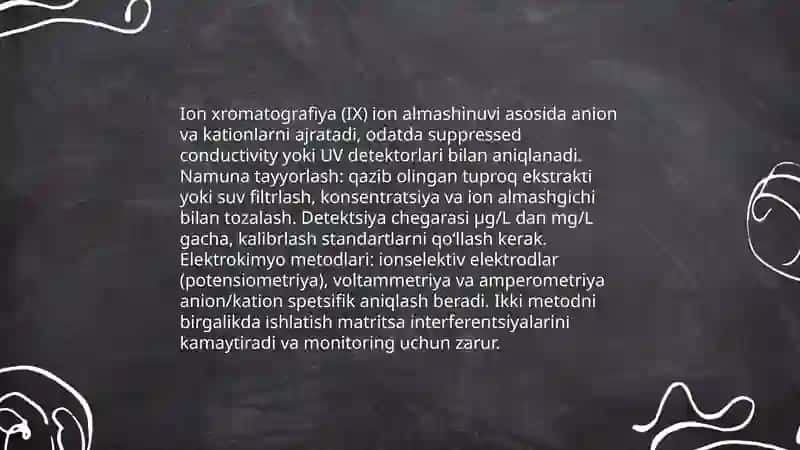Tuproq va suvning ifloslanishida ion bogʻlanishli birikmalarni aniqlab ulardan tozalsh usulini ishlab chiqish 4