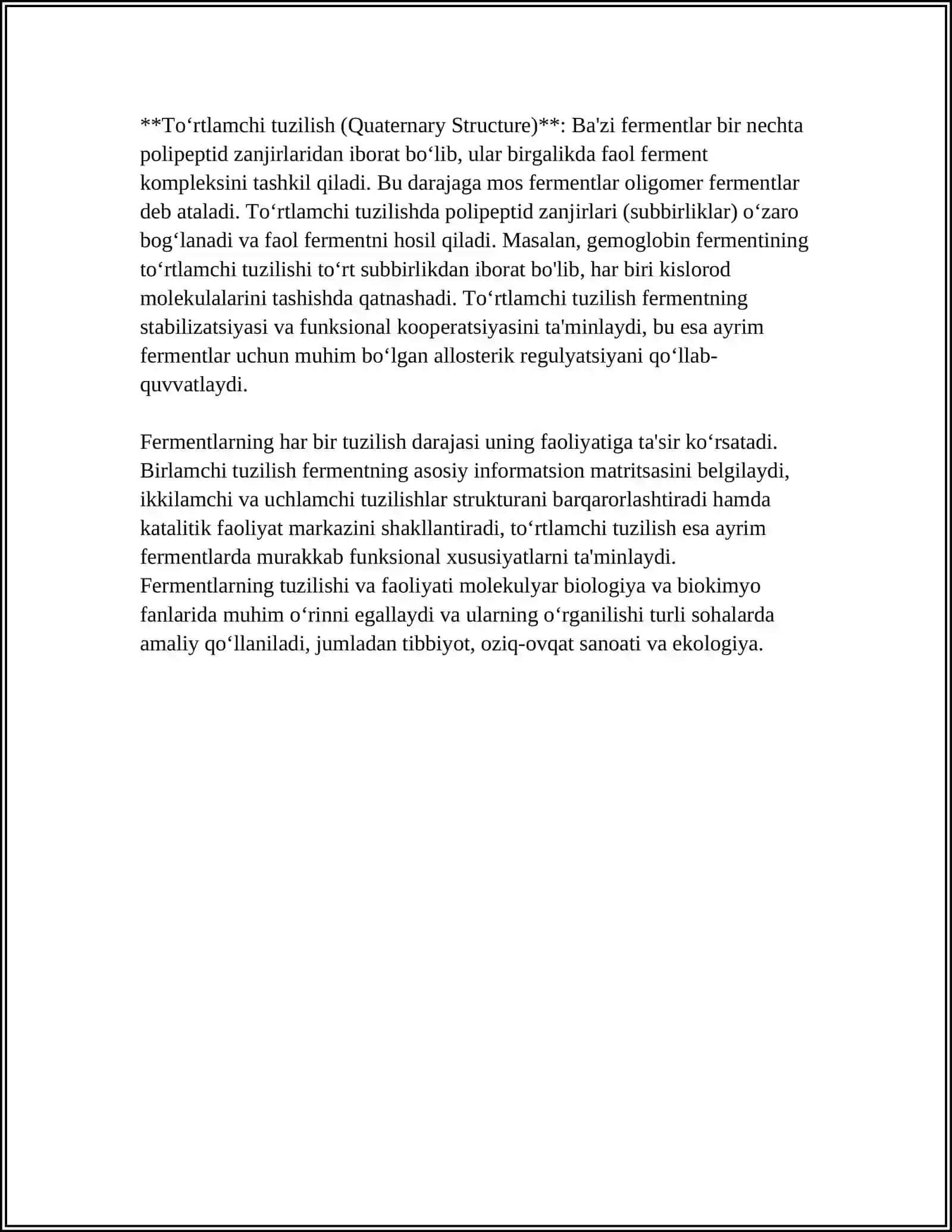 FERMENTLARNING TUZILISHI VA SPESIFIKLIGI. ALLOSTERIK FERMENTLAR 4